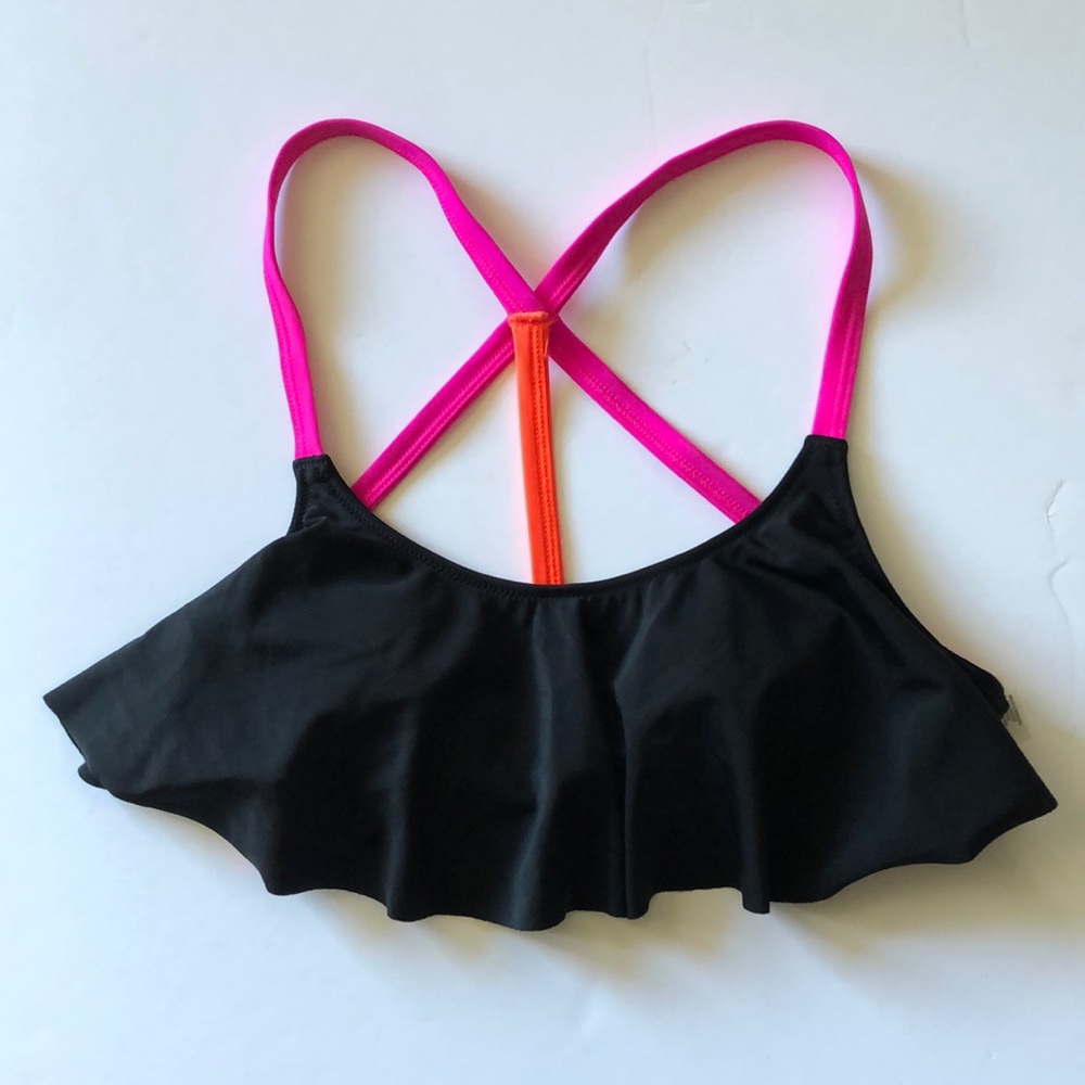 PINK Victorias Secret Black Neon Strappy Back Ruffle Bikini Top szS